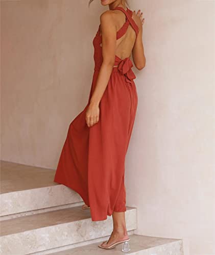 Image of Sexyshine Women's Square Neck Halter Lace Up Criss Cross Maxi Dress Tie Back Sleeveless Smocked Ruched A Line Dress