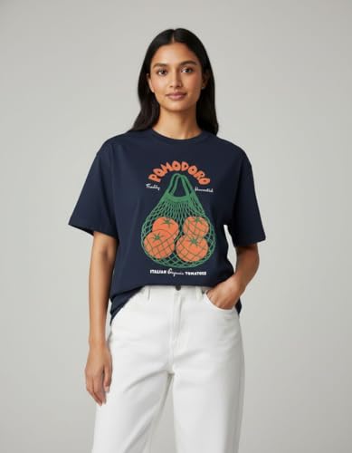 Image of Oversized Cotton T-Shirt for Women Half Sleeve Pomodoro Printed Tee - Breathable Loose Fit Asthetic Casual Wear for College and Daily Ou Outfits, Streetwear