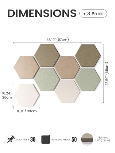 Fluxynara Hexagon Cork Board Alternative for Walls Decor-8-Pack Felt Bulletin Board Tiles,with 30 Pushpins,50 Adhesive Tabs for Office,Classrooms & Home Pin Board Felt Board-Linen Dusk