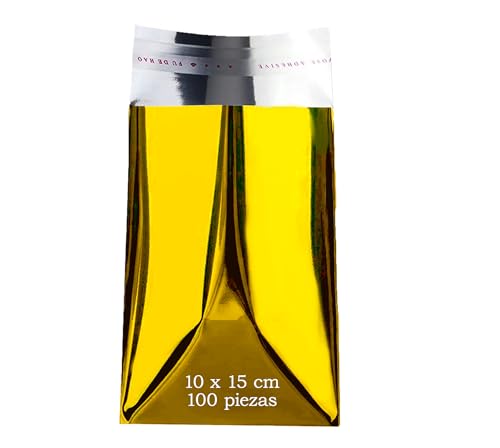 100 Sobres Metalizados Dorado con cierre Autoadhesivo Bolsa metalizada Colores para regalo oficina e invitaciones Invitados de Boda Tarjeta Eventos (Dorado Brillo, 10 x 15 cm (100 pcs))