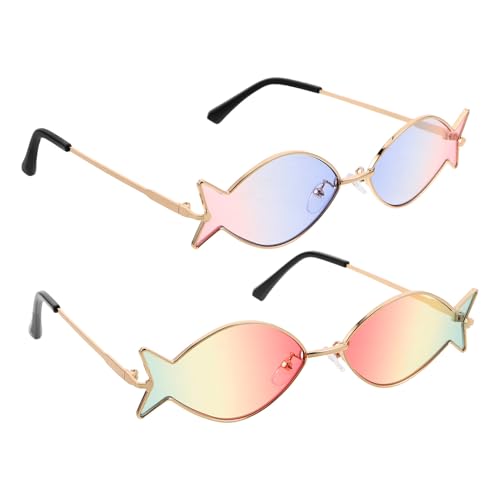 JEWEDECO Gafas de Sol Hawaianas para Hombre y Mujer, 2 Unidades Montura Dorada, Lentes en Colores Rosa, Amarillo, Verde y Azul, Diseño Irregular Protección Uv, Accesorios para