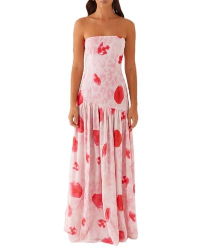 Image of Women Floral Strapless Maxi Dress Y2K Bodycon Tube Long Dresses Sexy Party Formal Cocktail Beach Slit Dress
