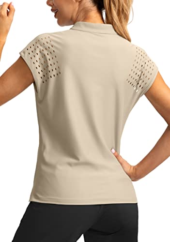 Soothfeel Women's Golf Shirt Cap Sleeve V Neck Polo Shirts Lightweight Quick Dry Workout Tennis Shirts Tops For Women(Khaki, M) #TOP2