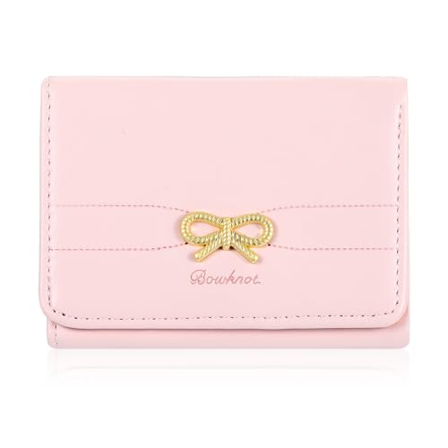 Fashion Foldable Cute Wallets for Women,Girls Wallet with Metal Small Bow,Simple Korea Pink Wallets for Women,Ins Short Aesthetic Wallet,Cute Wallets for Teen Girls and Women(Pink)