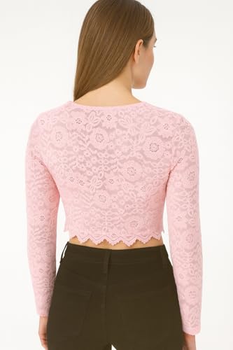 Image of ICW Women Long-Sleeves Round Neck Mesh Floral Flocking Crop Top T-Shirt DN8866