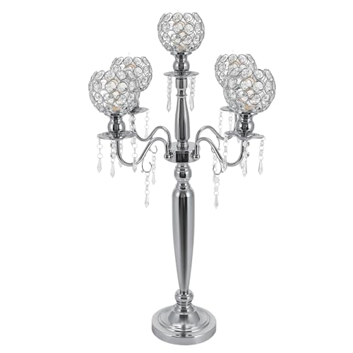 4 Pcs 5 Arm Crystal Candelabra Centerpieces, Crystal Candle Holder, 29.5 Inch Silver Candle Holders for Wedding Party Christmas Dinner Events