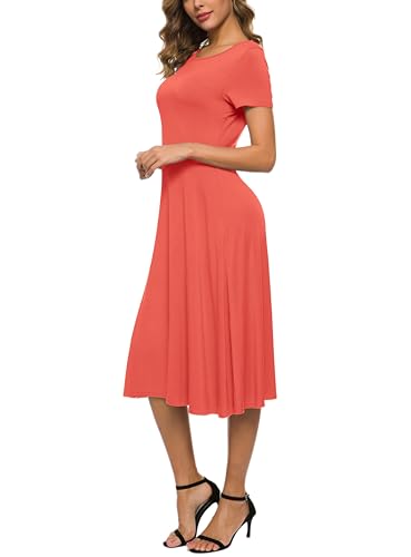 Image of EXCHIC Women's Casual Round Neck Short Sleeve Midi Dress Solid Stretchy Waist Knee Long Dress