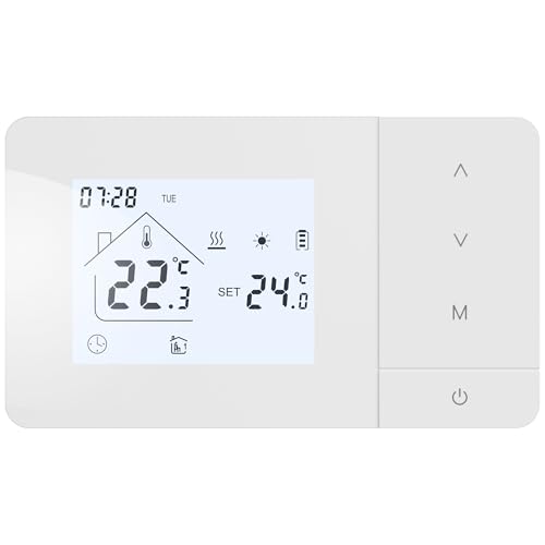 Beok Thermostat Chaudiere gaz à Pile,Programmable quotidiennement,Alimentation par Batterie ou USB,Blanc