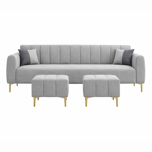 Image of Habibi 5 Seater L Shape Sofa Set with 2 Movable Ottomans | Flexible Layout | Rich Velvet Suede Fabric | Silver Legs | Modern Sofa for Living Room (Light Grey)