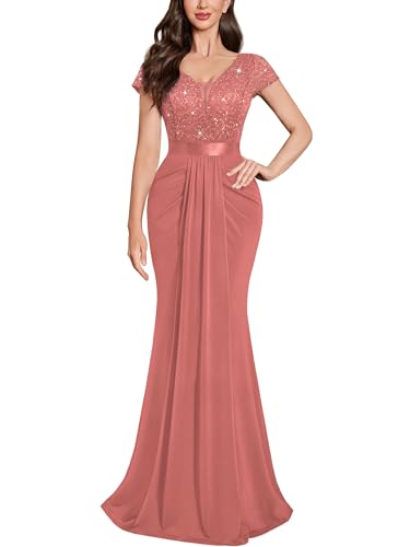Image of Miusol Women's Deep V-Neck Lace Sequin Pleated Evening Formal Maxi Dress