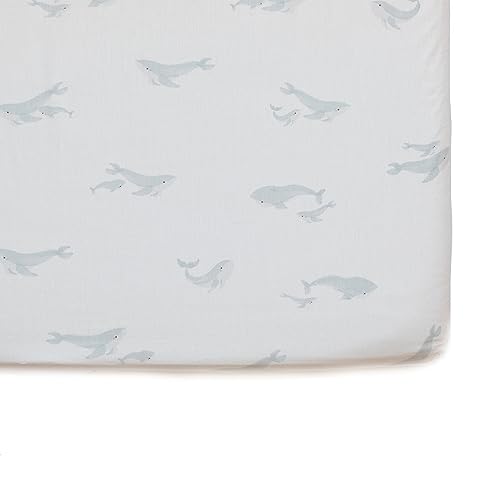 Image of Pehr Crib Sheet, Follow Me Whale | Breathable Brushed Organic Cotton for Soft Sleep | Fits Standard Crib Mattresses up to 52 inch L x 28 inch W x 8 inch H