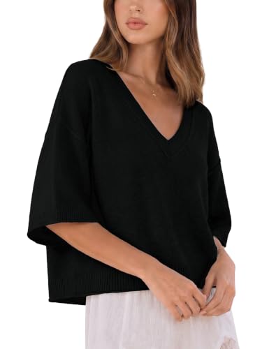 Image of FAlABLE Womens Short Sleeve Sweater Cropped V Neck Sweaters Oversized Summer Knit Top Trendy Pullover Lightweight Casual
