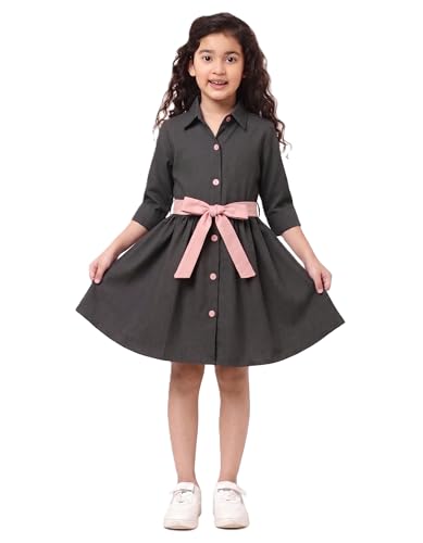 Image of A.T.U.N. (ALL THINGS UBER NICE) Girls 100% Cotton Shirt Dress with Belt | Solid Button-Down Dress with Collar Neck | Soft Breathable Kids Outfit for Girls