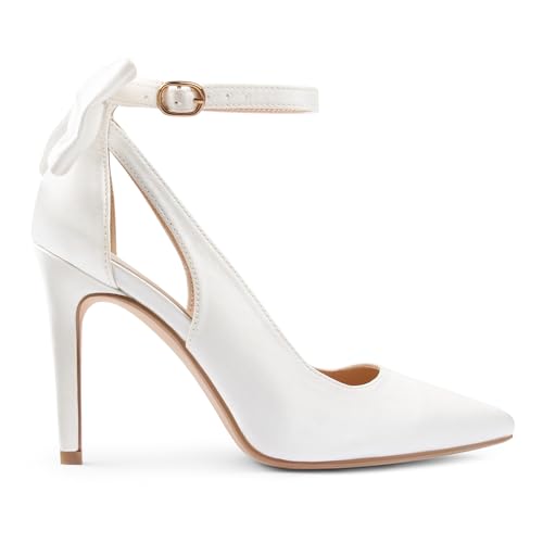 Image of COLETER Womens Back Bow D'Orsay Pumps Pointed Toe Ankle Strap Wedding Heels | 4 Inch Stiletto Heels, Adjustable Ankle Strap, Back Bow Pumps, Formal Evening Bridal Shoes