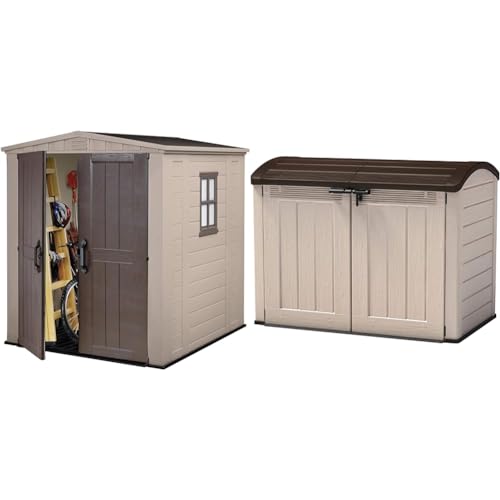 Keter 17197898 Factor Outdoor Garden Storage Shed, Beige, 6 x 6 ft & Store It Out Ultra Outdoor Garden Storage Shed, 177 x 113 x 134 cm - Beige and Brown