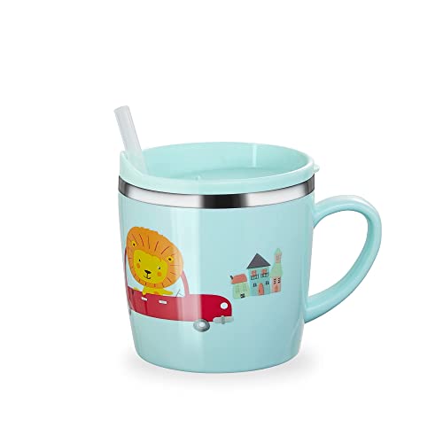 Image of Valueder Kids Baby Toddler Cups Mug Sippy Learning Trainer Cup for Milk Coffee Hot Chocolate Stainless Steel Trainer Straw Cup with Lid, Lion, 7oz/Peacock blue