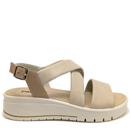 IMAC 108060 Piel Beig - Sandalia En Piel Beige: Cuña 4 Cm, Suela Poliuretano Ligera, Horma G Y Hebilla Ajustable. Confort Duradero, Minimiza Rozaduras. talla numeric_37