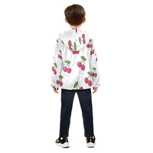 Cherry Pattern Print on White Toddler Fleece Jacket Girl Boys Hooded Fleece Jacket Coat Warm Outwear Zip-up 3-10T4