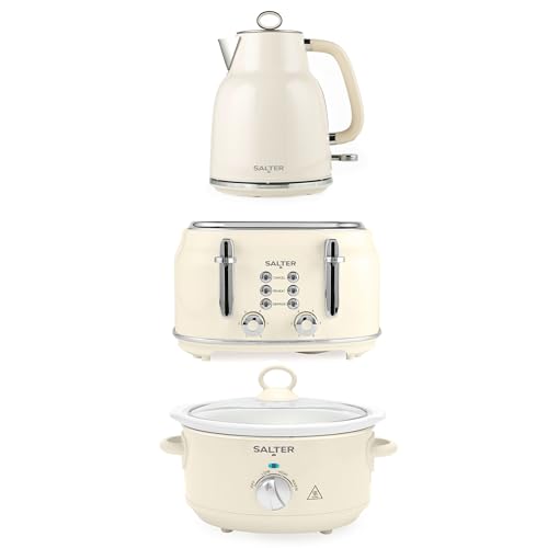 Salter Retro Kettle, Toaster & Slow Cooker Set – 4-Slice Toaster, 6 Browning Levels, 1.7L Rapid Boil Kettle, 3.5L Electric Slow Cooker, Dishwasher Safe Ceramic Pot, 3 Heat Settings, Cream, COMBO-9505