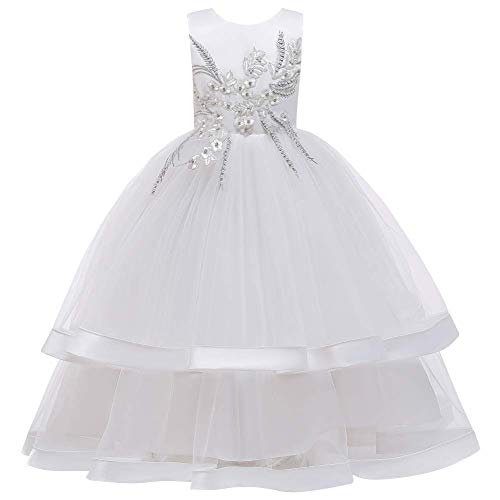 Flower Vintage Embroidered Lace Formal Long Fall Dress for Girls Kids Tulle Princess Wedding Bridesmaid Communion Birthday Party Evening Pegeant Dance Ball Prom Maxi Gown White 11-12 Years
