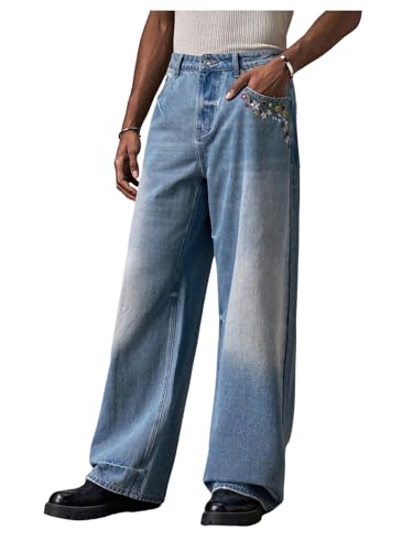Men's Floral Embroidery Baggy Jeans High Waisted Wide Leg Denim Pants with Pockets