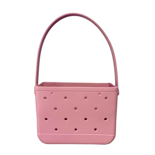 Lopqix Small Rubber Beach Tote Bag, Open Top Portable Outdoor Travel Bag for Beach Picnic Pool Outings (Pink)