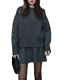 CHARTOU Women Sweater Skirt Sets 2 Pieces Outfits Loose Fit Pullover Sweater Knitted Mini Skirt (Small, Grey)