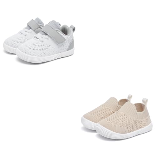 MORENDL 0-4 Years Toddler Shoes Baby Walking Shoes 2 Pairs of White Gray/Khaki 7Toddler