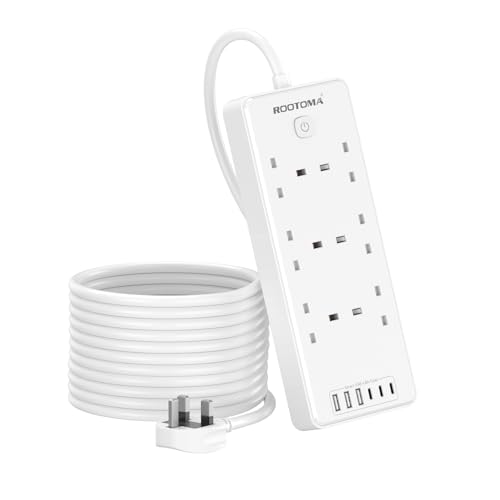 Extension Lead 5M with 6 USB Slots (3 USB C) 6 Way Surge Protection Extension Sockets with Switch Wall Mounted Multi Plug Power Strip for Home Bedroom Kitchen Office White