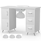Charmmade Manicure Table Nail Station Nail Desk with Dust Collector Professional Nail Table Desk for Nail Tech Nail Tech Station, Drawers & Cabinet, Metal Legs, Wrist Cushion, 3 Dust Bags, White