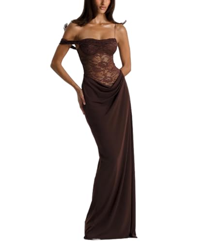 Women's Sexy Lace Maxi Dress High Split Spaghetti Strap Backless Wedding Guest Cocktail Formal Dresses,Brown,M