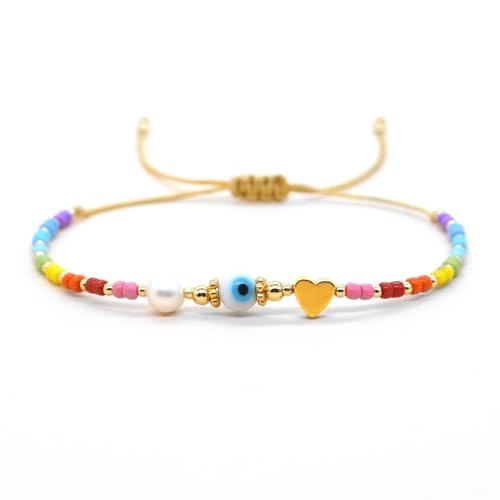Evil Eye Beaded Bracelet for Women - Handmade Boho Stackable Colorful Gold Seed Beads Stack Pearl Heart Charms Adjustable Protection Bracelet Evil Eye Jewelry Summer Beach Friendship Gift - Main Image