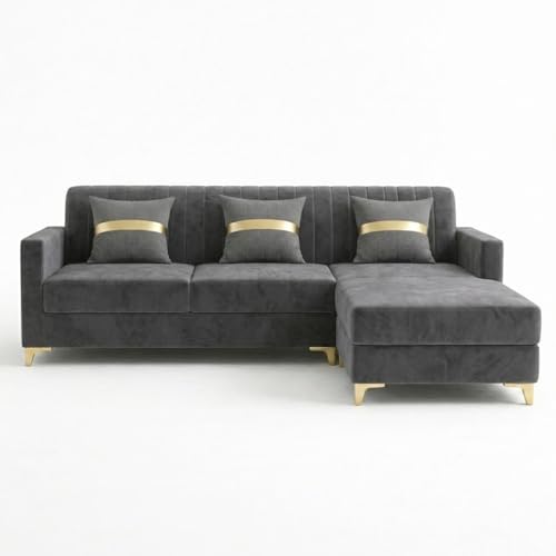 Image of CASASTYLE Groovy 4 Seater L Shape Sofa Set with Movable Ottoman | Flexible Left or Right Layout | Cozy Velvet Fabric | Soft Touch Seating | Modern Designer Sofa for Living Room (Dark Grey)
