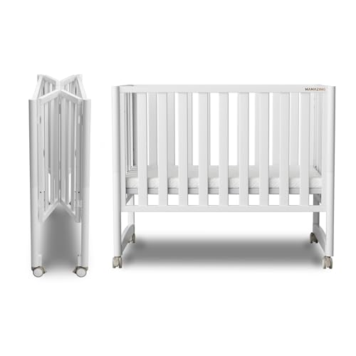 Image of MAMAZING EvoNook 6-in-1 Convertible Mini Crib - Easy Assembly, Portable Folding Baby Mini Crib with Mattress, 100% New Zealand Wood, 4 Adjustable Mattress Heights, White with Mattress