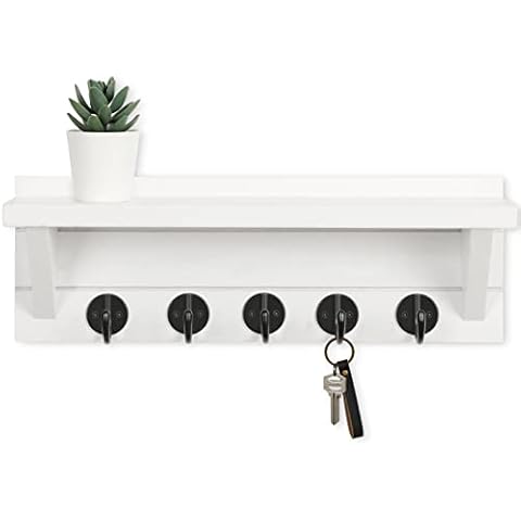 Lwenki Wall Key Holder with Shelf, Rustic Shelf with Hooks Made of Paulownia Wood Holds Keys, Dog Leash, Bags and More - 13.7" W x 4.7" H x 3.5" D Decorative Key Hanger and Entryway Shelf (White) Cover