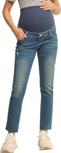 Maacie Mutterschaft Jeans Hosen Schwangerschaft Ripped Jeans für Schwangere Denim Hosen mit Taschen Blau XL MC0336A23-01