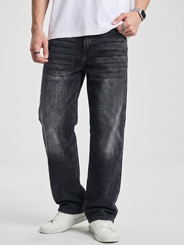 Image of JMIERR Men's Baggy Stretch Denim Jeans Loose Straight Leg | Baggy stretch denim jeans for men, loose straight leg fit, metal button zip fly, 5-pocket, all season wear, machine wash