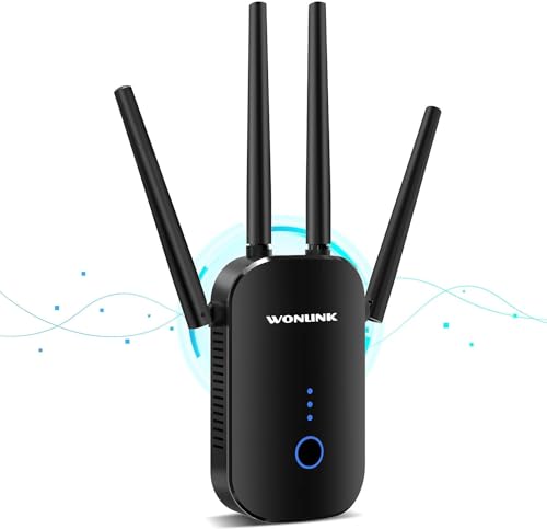 WONLINK Repetidor WiFi, 1200Mbps Amplificador Señal WiFi Doble Banda 5G y 2.4GHz con Puerto Ethernet, 4 Antenas, MU MIMO, Apoyo Repetidor/Router/Ap Modos para el Hogar y la Oficina, Enchufe EU