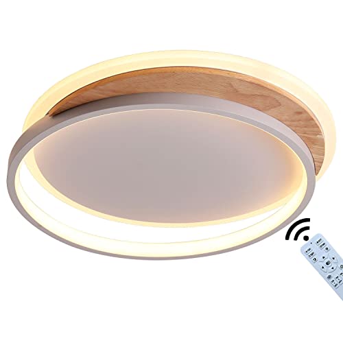 J.SUNUN Lamparas de Techo Plafon Led Techo Redondo Madera 24W 1920LM Blanco Luz ajustable Controlador remoto Luz de Techo Moderna interior para Dormitorio Sala de Estar Comedor Pasillo luces 40CM Cover