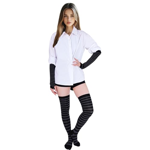 Image of Tongcloud Women's Striped Knee High Socks, Over Knee Thigh High Socks, Arm Warmer and Fingerless Gloves Set