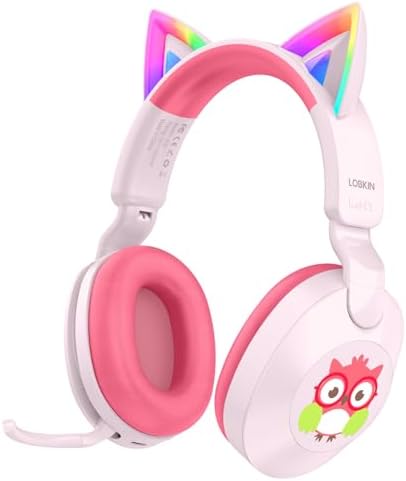 LOBKIN Kids Headphones Bluetooth 6.0, Toddler Headphones Cat Ear LED Light, Rotatable External Microphone, Safe Volume Limited 85/94dB AUX Cable, Foldable Design for Boys & Girls Gifts/School
