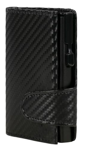 ClickSafe 961401 Kreditkartenetui mit Münzfach und Geldscheinfach aus schwarzem Kunstleder in Carbonoptik mit schwarzem Aluminium Tresor und RFID Schutz (Kartenetui, Kartenhalter, Slim Wallet)
