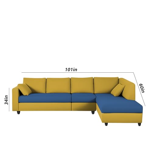 Image of Florian RHS 6 Seater L Shape Sofa Set for Living Room (Blue Yellow Fabric) Premium Fabric Sofa