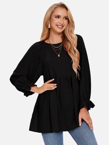 EXLURA Womens Fall Long Sleeve Loose Blouses Swiss Dot Babydoll Shirts Dressy Casual Peplum Tunic Tops Trendy Outfits 20254