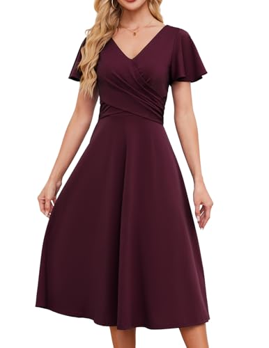 Gardenwed Womens Cocktail Dress Wedding Guest Semi Formal Wrap V Neck Short Sleeve Ruched A Line Midi Dresses with Belt
