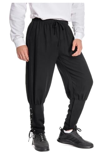 helymore Pantalones para hombre, primavera, verano, otoño, medieval, renacentista, con bandas, vintage, pirata, vikingo, navegador, Negro , XL