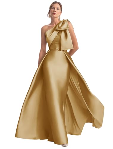 One Shoulder Mother of The Bride Dresses for Wedding Long Satin Evening Prom Dress with Bow CY0081