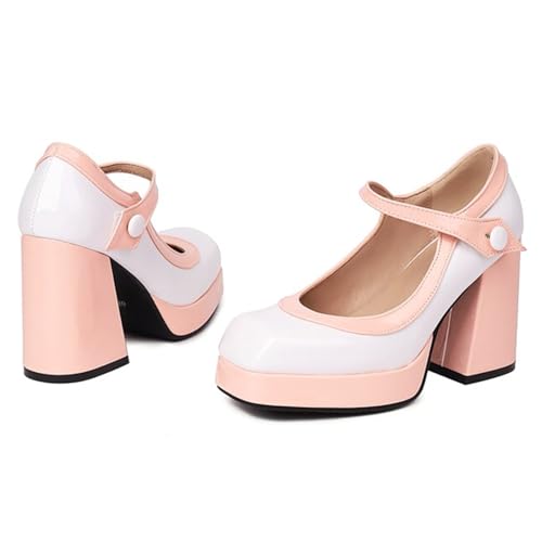 Alyaafifa Platform Chunky Heel Pumps for Women Comfortable Sexy Closed Square Toe Two-Tone Mary Jane Dress Shoes Patent Leather Party Business Evening Night Club Wedding2