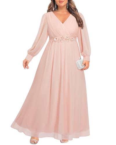Women Plus Size Bridesmaid Dresses Blush Pink Long Sleeve Mother Bride Chiffon Elegant V Neck Ruched A-Line Maxi Dress
