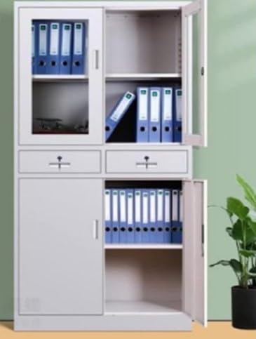 MOHAMMAD AZIM FURNITURE MAF Two Doors Upper Glass,Two Lockable MAF-FC20 Center Drawers and Two Lower Doors Steel wardrobe, Cabinet For Living Room,Kitchen,Office and School Color Grey